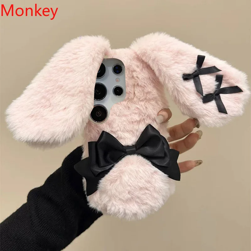 Xiaomi Kids Toys - かわいい弓ふわふわ毛深いウサギの耳人形動物ケース Xiaomi Redmi 注 14 13