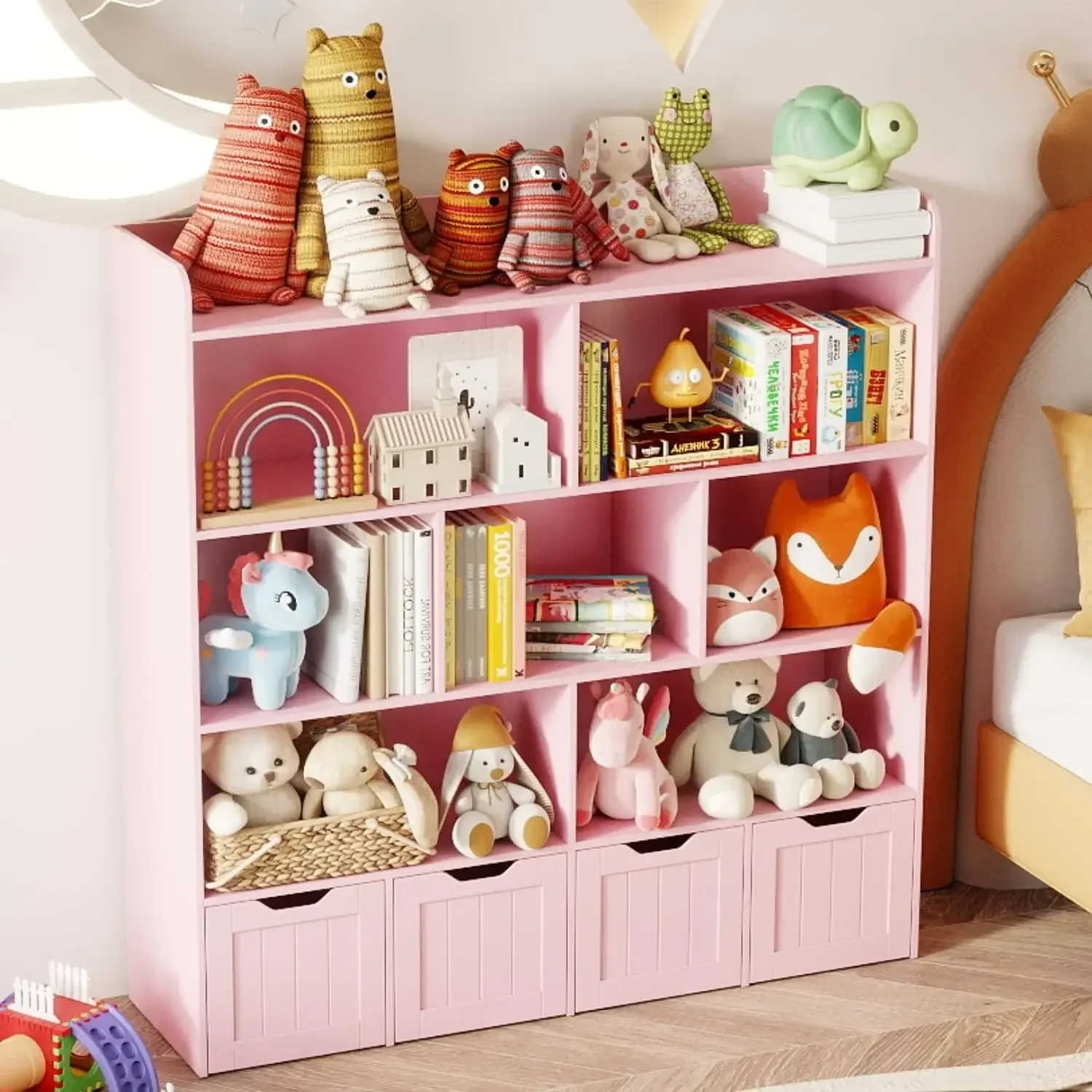 Kids Toys Drawers - 子供用おもちゃ収納キャビネット本棚、可動式引き出しとオープンシェルフ付き、おもちゃ箱オーガナイザー、隠しキャスター付き、プレイルームや子供部屋に最適
